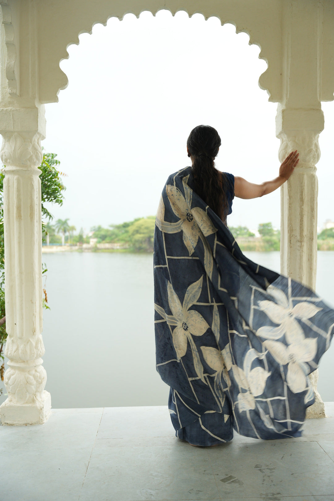 Grayish Blue Bishnupuri Silk Saree with Floral Hand Wax Batik | SILK MARK CERTIFIED