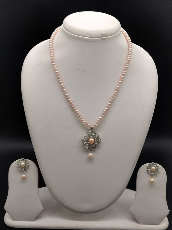 One Line Pink Freshwater Pearl Pendant Necklace Set with Floral Design  | SHOBITAM