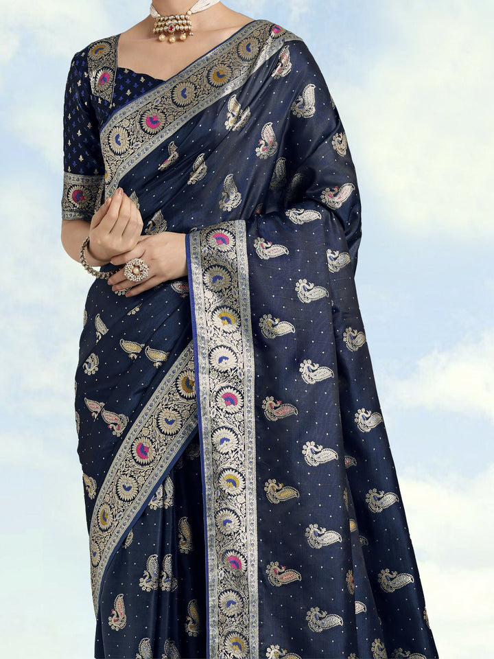 Blue Color Banarasi Satin Silk Zari Weaving Saree | SHOBITAM