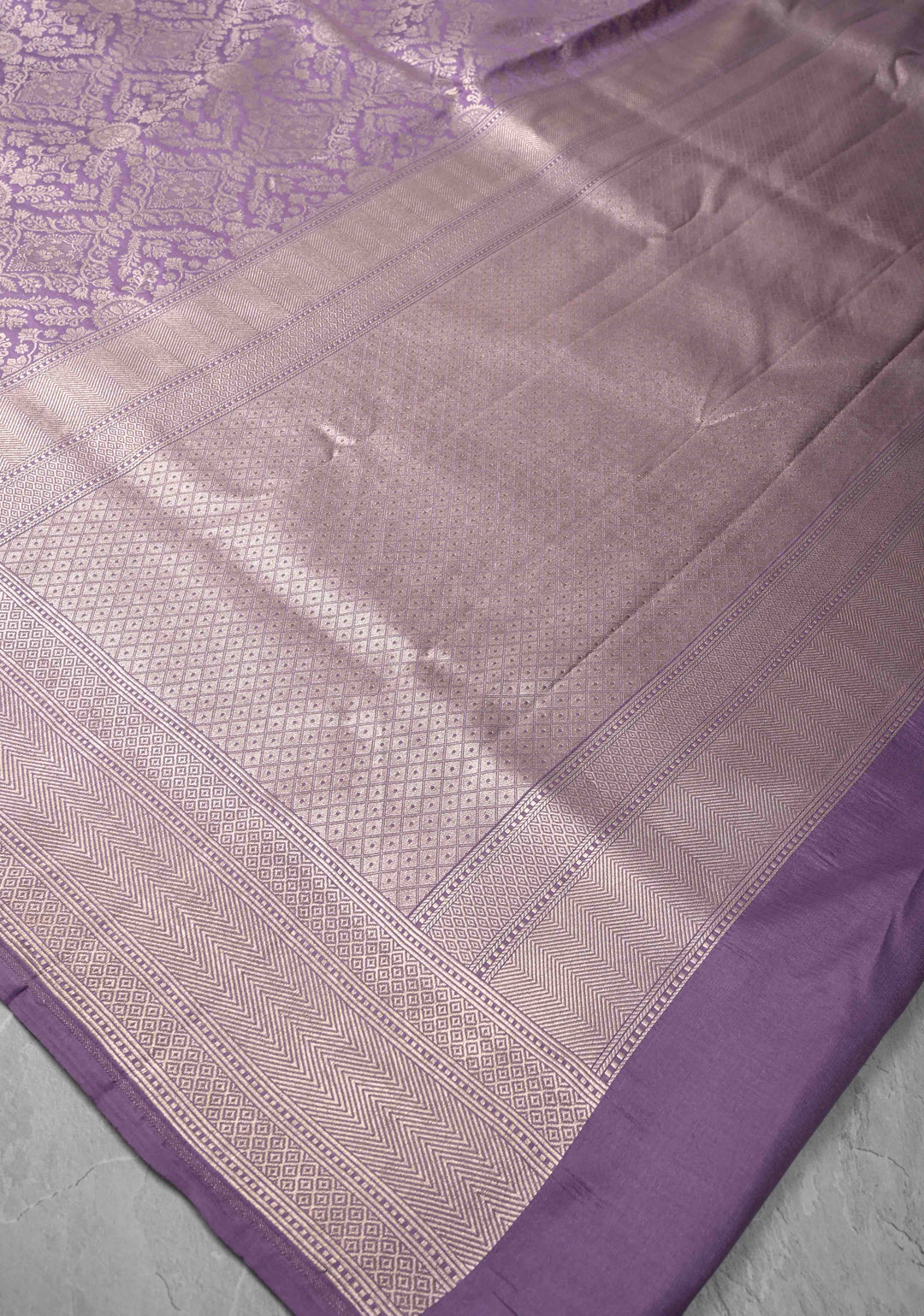 Dusty Lavender Banarasi Katan Silk Saree with Floral Brocade Jaal and Zari Borders | SILK MARK CERTIFIED