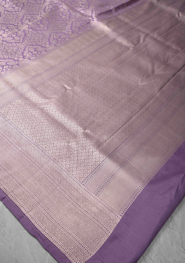 Dusty Lavender Banarasi Katan Silk Saree with Floral Brocade Jaal and Zari Borders | SILK MARK CERTIFIED