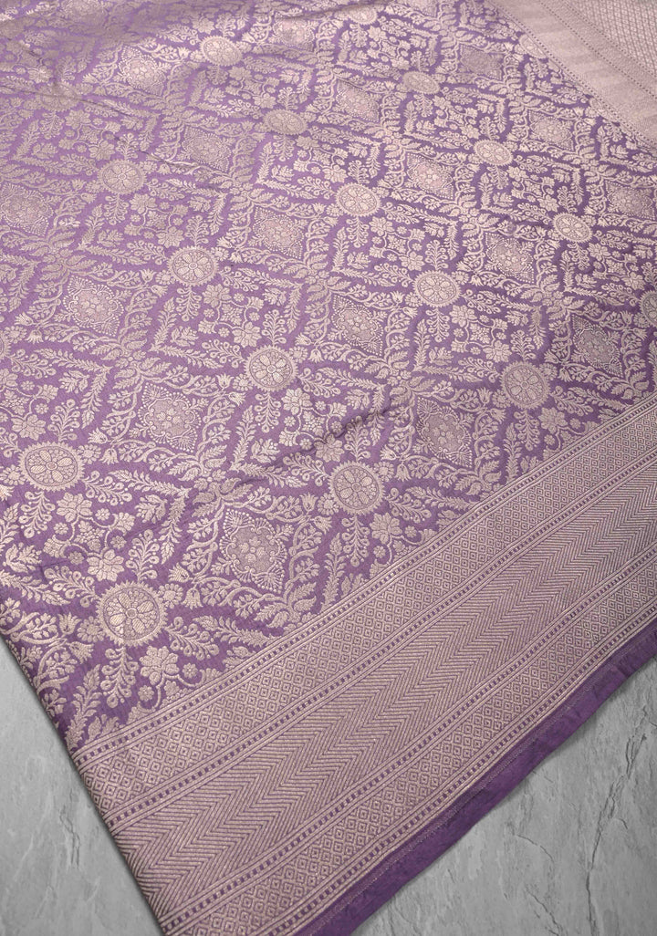 Dusty Lavender Banarasi Katan Silk Saree with Floral Brocade Jaal and Zari Borders | SILK MARK CERTIFIED