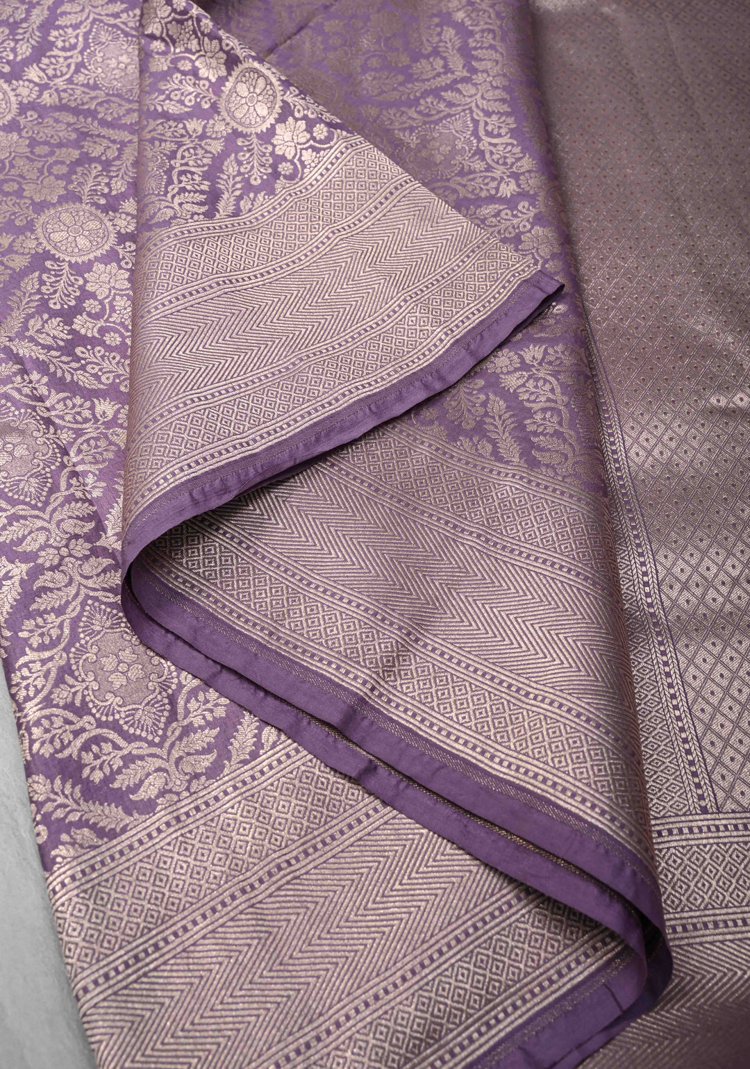 Dusty Lavender Banarasi Katan Silk Saree with Floral Brocade Jaal and Zari Borders | SILK MARK CERTIFIED