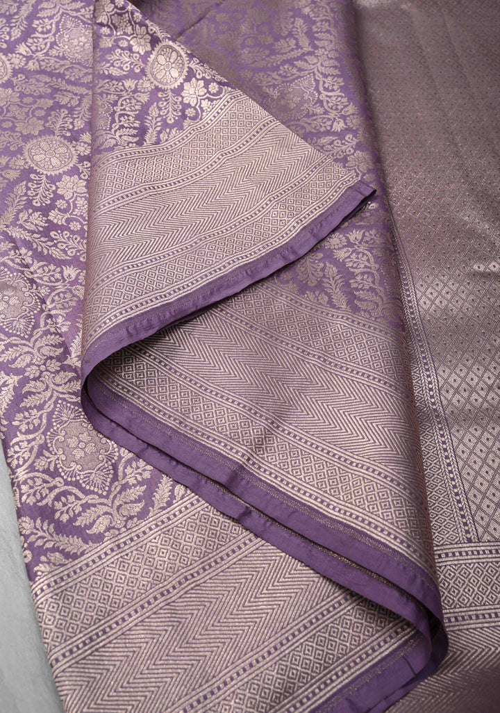 Dusty Lavender Banarasi Katan Silk Saree with Floral Brocade Jaal and Zari Borders | SILK MARK CERTIFIED