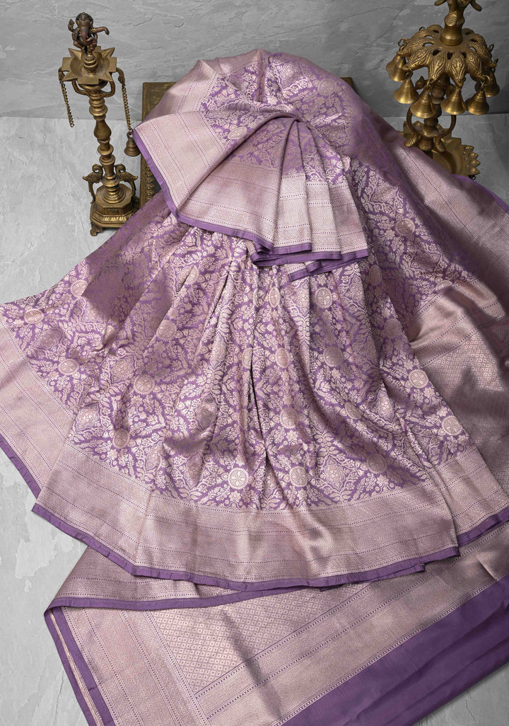 Dusty Lavender Banarasi Katan Silk Saree with Floral Brocade Jaal and Zari Borders | SILK MARK CERTIFIED