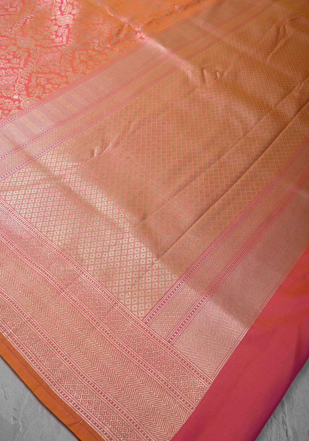 Kesari Dual tone Banarasi Katan Silk Saree with Floral Brocade Jaal and Zari Borders | SILK MARK CERTIFIED