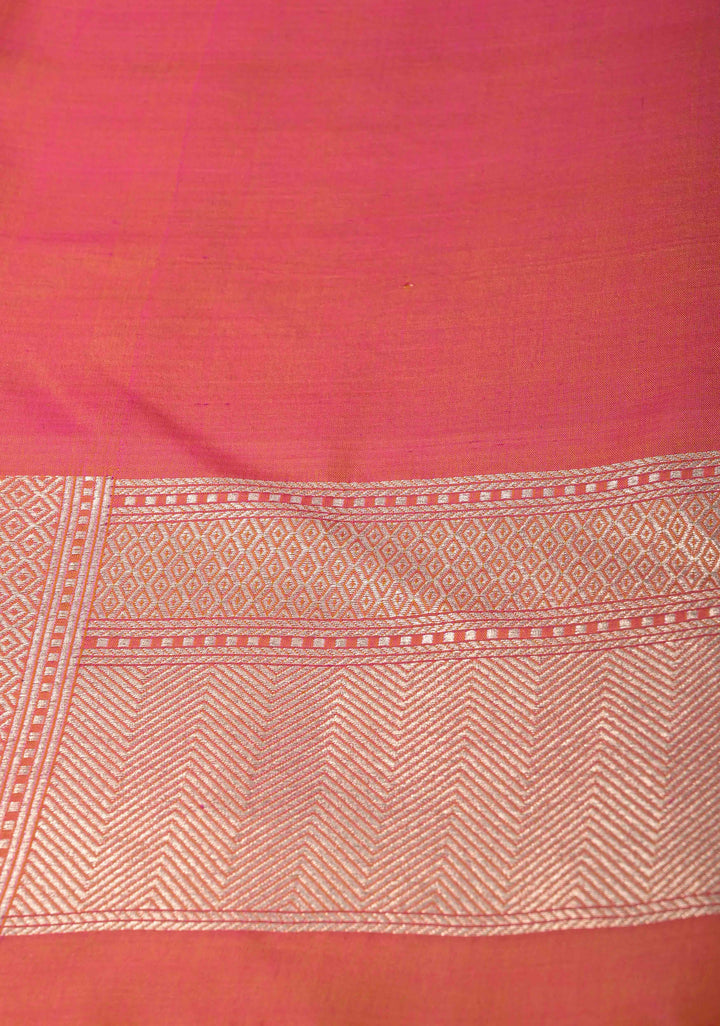 Kesari Dual tone Banarasi Katan Silk Saree with Floral Brocade Jaal and Zari Borders | SILK MARK CERTIFIED