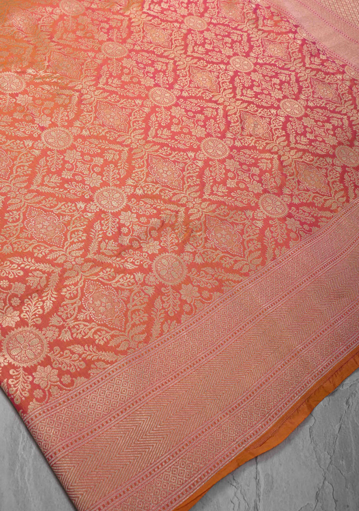 Kesari Dual tone Banarasi Katan Silk Saree with Floral Brocade Jaal and Zari Borders | SILK MARK CERTIFIED