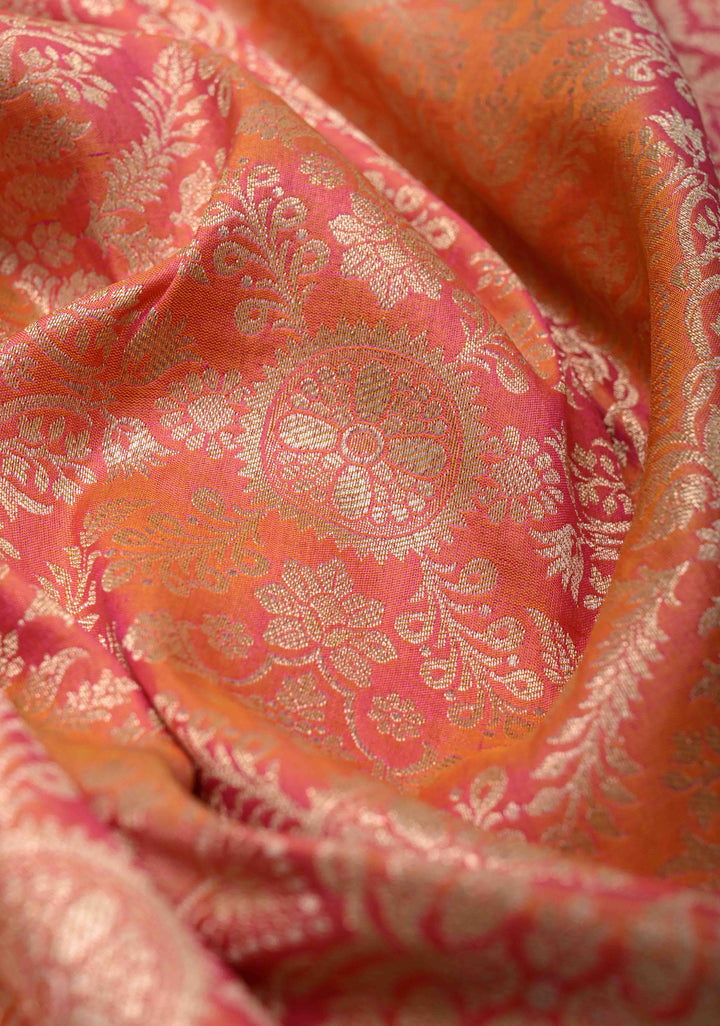 Kesari Dual tone Banarasi Katan Silk Saree with Floral Brocade Jaal and Zari Borders | SILK MARK CERTIFIED