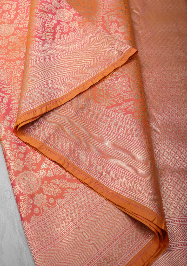 Kesari Dual tone Banarasi Katan Silk Saree with Floral Brocade Jaal and Zari Borders | SILK MARK CERTIFIED