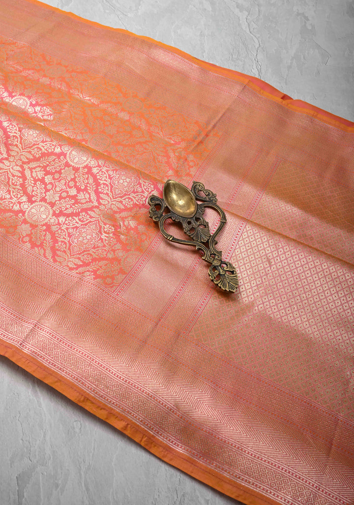 Kesari Dual tone Banarasi Katan Silk Saree with Floral Brocade Jaal and Zari Borders | SILK MARK CERTIFIED
