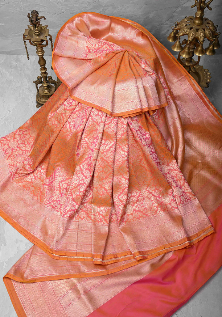 Kesari Dual tone Banarasi Katan Silk Saree with Floral Brocade Jaal and Zari Borders | SILK MARK CERTIFIED
