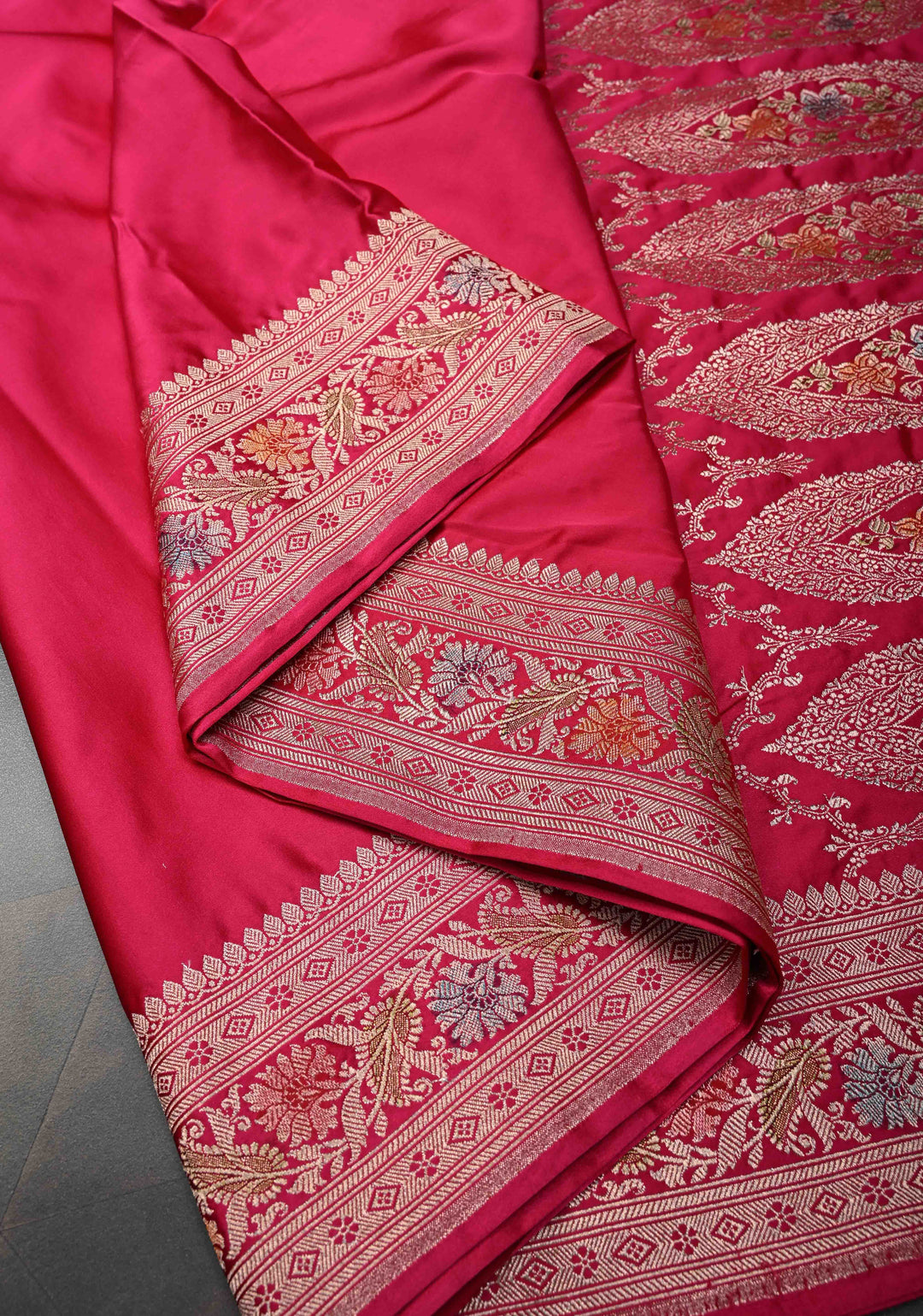 Rani Pink Banarasi Semi Mashru Silk Saree with Zari Border and Hand Brushed Dye