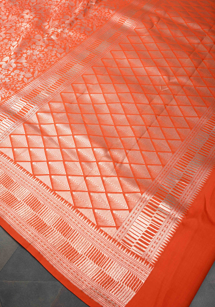 Orange Banarasi Katan Silk Saree with Silver Brocade and Zari Borders | SILK MARK CERTIFIED