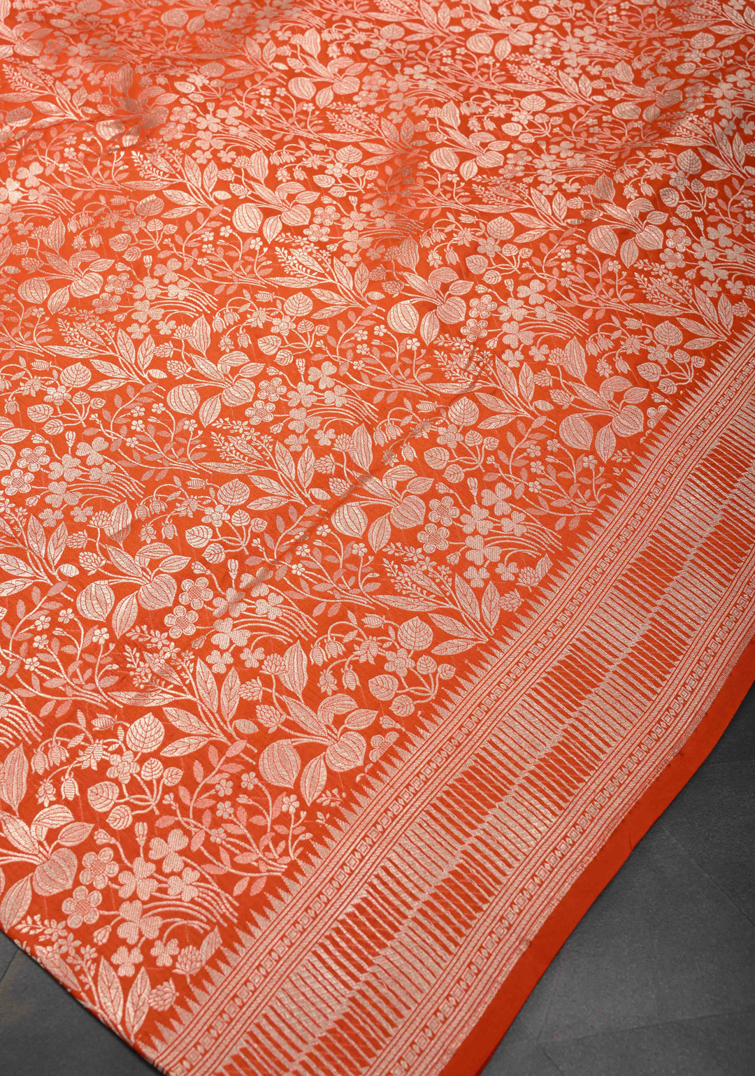 Orange Banarasi Katan Silk Saree with Silver Brocade and Zari Borders | SILK MARK CERTIFIED