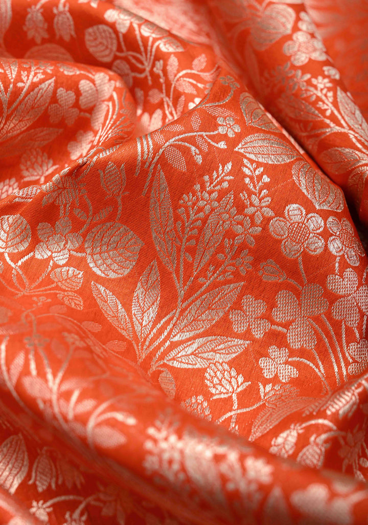 Orange Banarasi Katan Silk Saree with Silver Brocade and Zari Borders | SILK MARK CERTIFIED