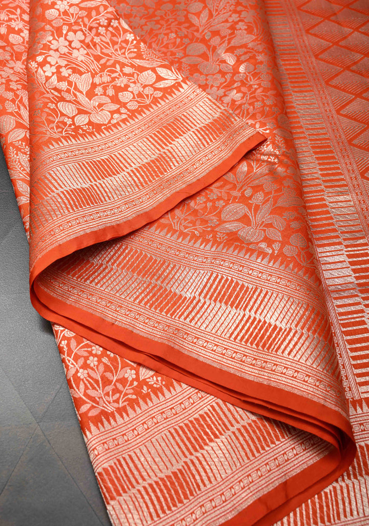 Orange Banarasi Katan Silk Saree with Silver Brocade and Zari Borders | SILK MARK CERTIFIED