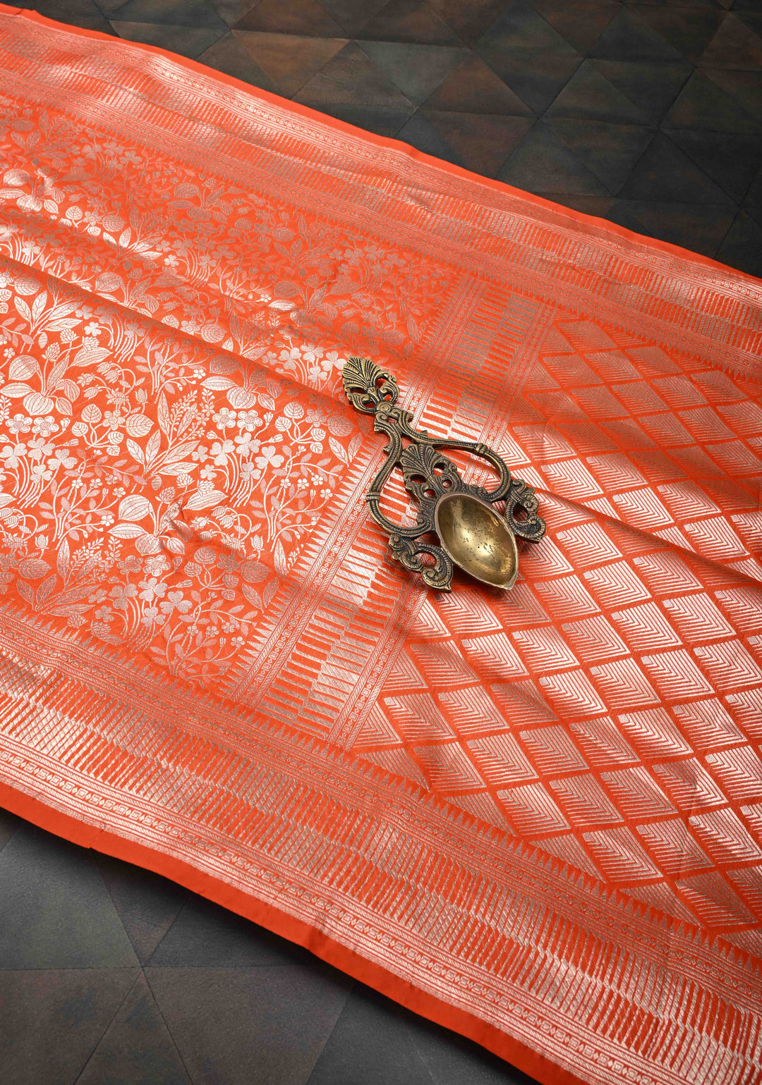 Orange Banarasi Katan Silk Saree with Silver Brocade and Zari Borders | SILK MARK CERTIFIED