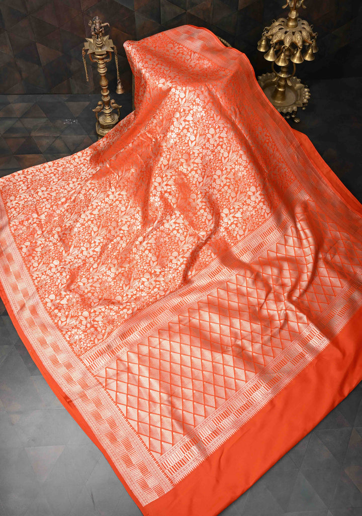 Orange Banarasi Katan Silk Saree with Silver Brocade and Zari Borders | SILK MARK CERTIFIED