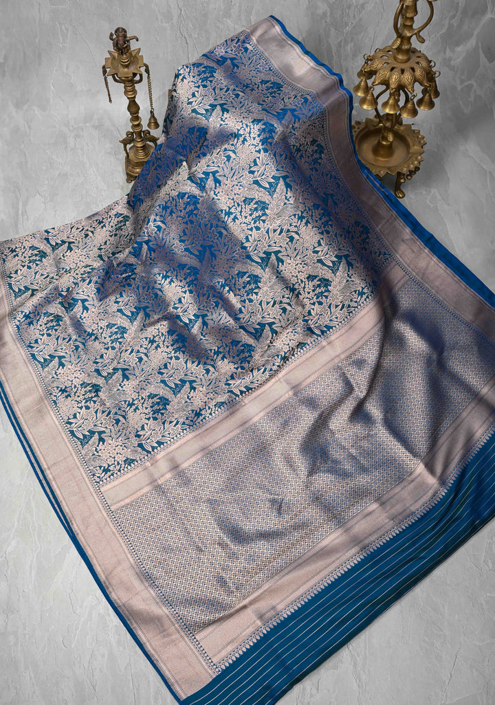 Peacock Blue Green Dual tone Banarasi Katan Silk Saree with Floral Brocade and Zari Borders | SILK MARK CERTIFIED