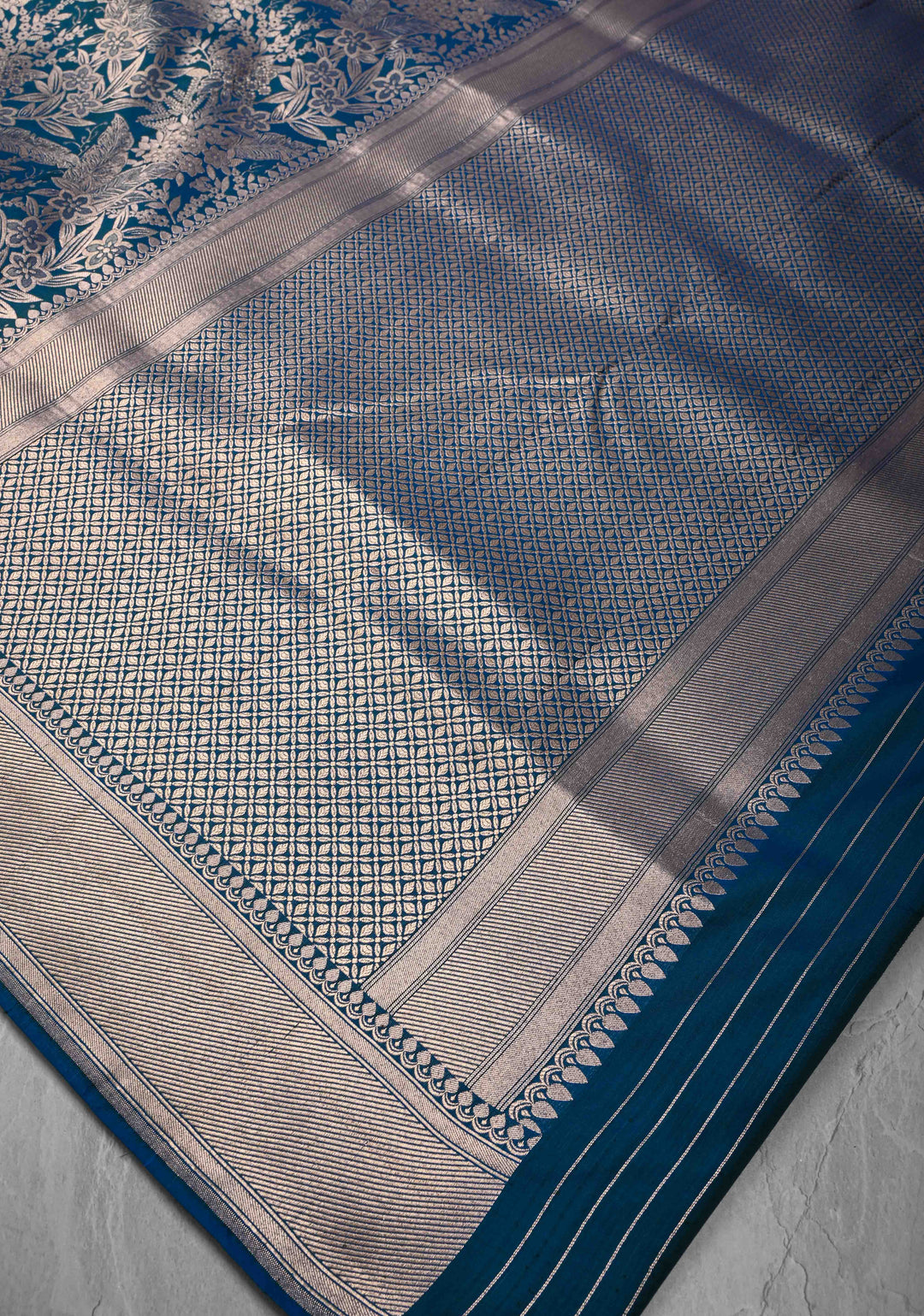 Peacock Blue Green Dual tone Banarasi Katan Silk Saree with Floral Brocade and Zari Borders | SILK MARK CERTIFIED