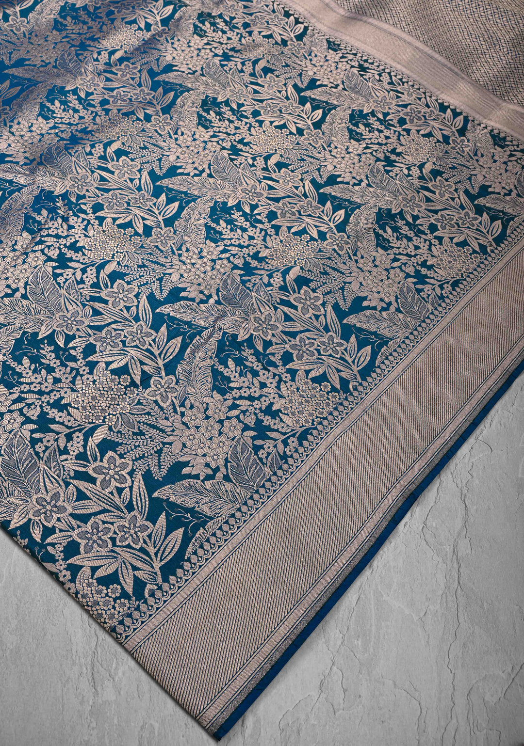 Peacock Blue Green Dual tone Banarasi Katan Silk Saree with Floral Brocade and Zari Borders | SILK MARK CERTIFIED