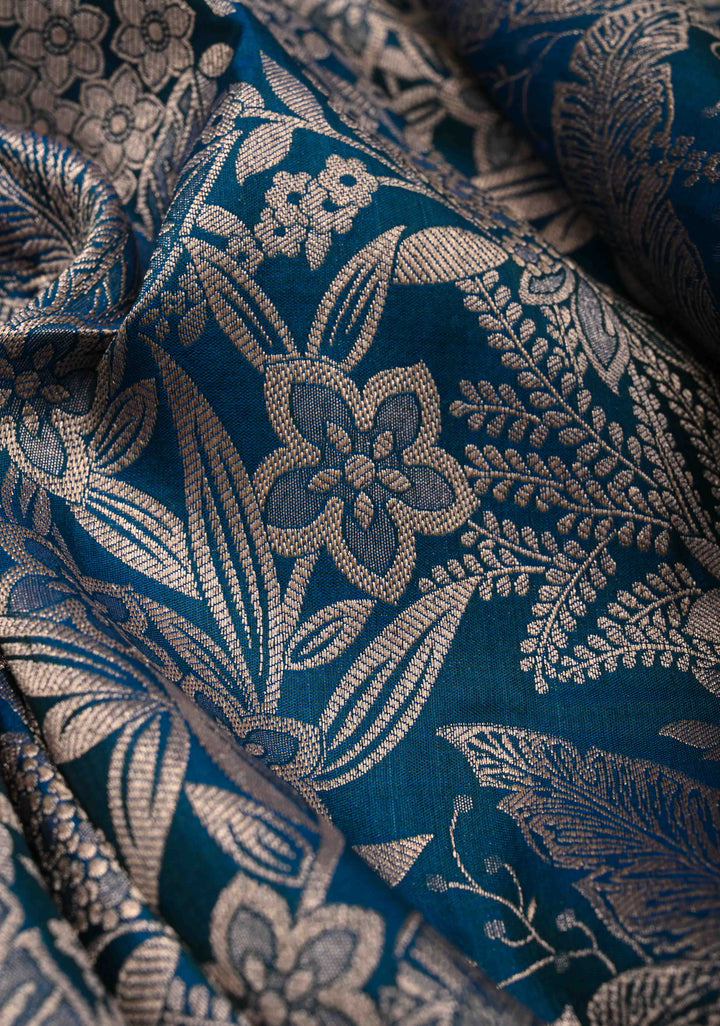 Peacock Blue Green Dual tone Banarasi Katan Silk Saree with Floral Brocade and Zari Borders | SILK MARK CERTIFIED