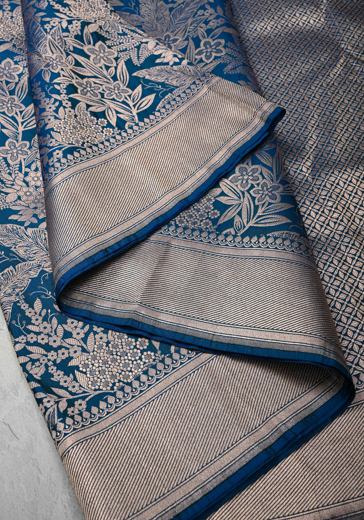 Peacock Blue Green Dual tone Banarasi Katan Silk Saree with Floral Brocade and Zari Borders | SILK MARK CERTIFIED