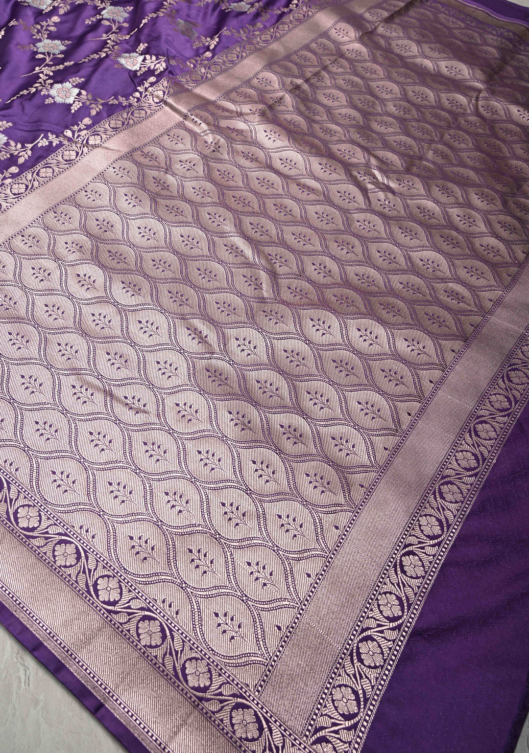 Ink Purple Banarasi Semi Mashru Silk Saree with Floral Jaal and Zari Border