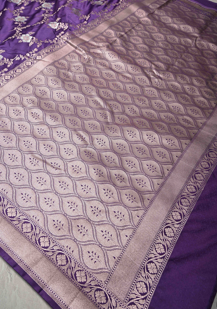 Ink Purple Banarasi Semi Mashru Silk Saree with Floral Jaal and Zari Border