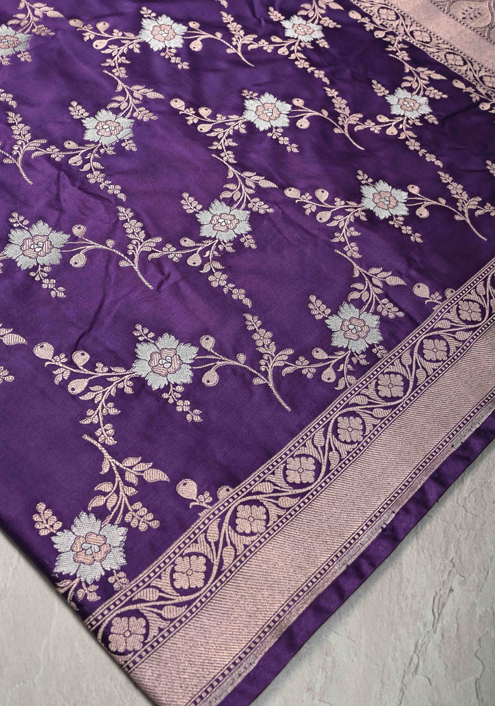 Ink Purple Banarasi Semi Mashru Silk Saree with Floral Jaal and Zari Border