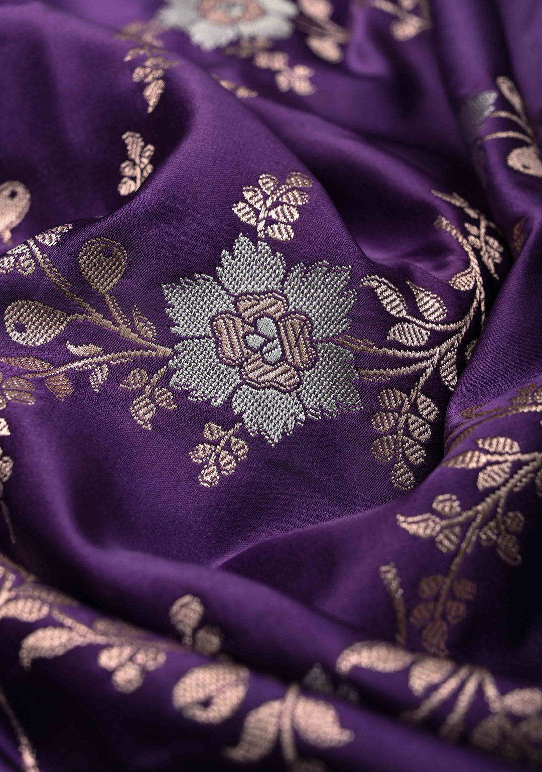 Ink Purple Banarasi Semi Mashru Silk Saree with Floral Jaal and Zari Border