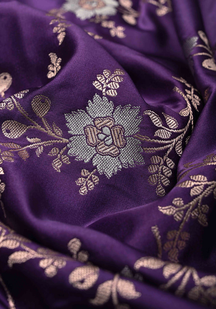 Ink Purple Banarasi Semi Mashru Silk Saree with Floral Jaal and Zari Border