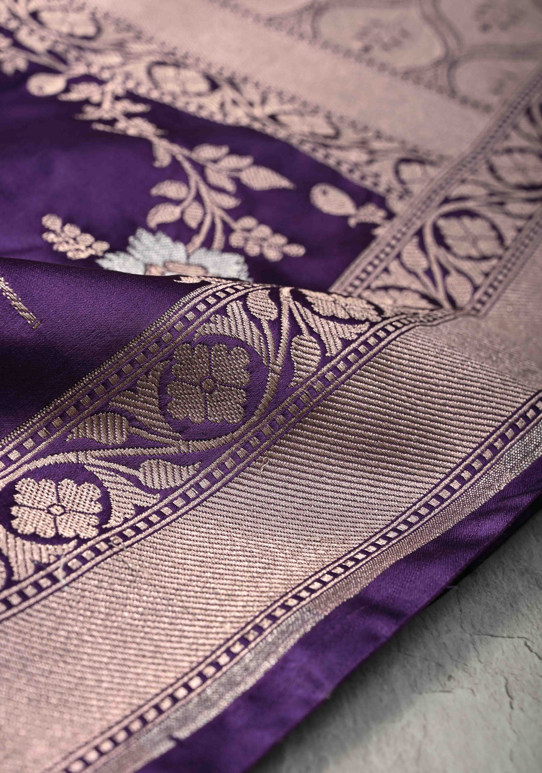 Ink Purple Banarasi Semi Mashru Silk Saree with Floral Jaal and Zari Border