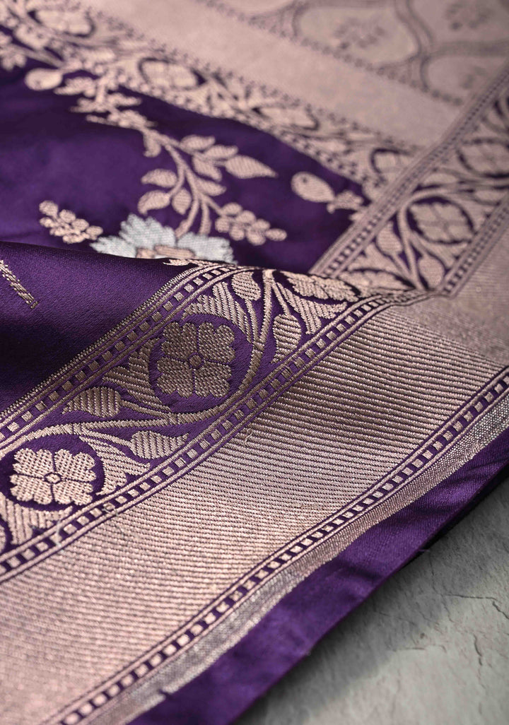 Ink Purple Banarasi Semi Mashru Silk Saree with Floral Jaal and Zari Border