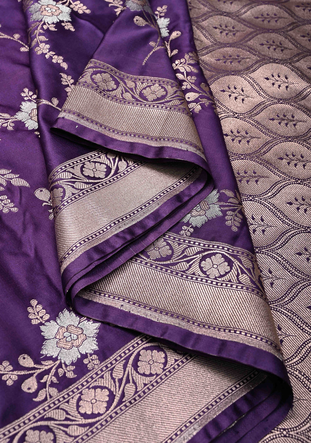 Ink Purple Banarasi Semi Mashru Silk Saree with Floral Jaal and Zari Border