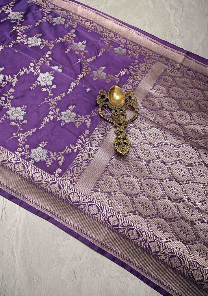 Ink Purple Banarasi Semi Mashru Silk Saree with Floral Jaal and Zari Border