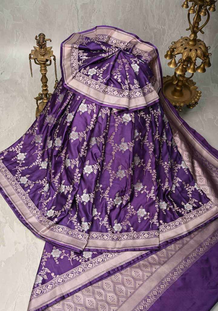 Ink Purple Banarasi Semi Mashru Silk Saree with Floral Jaal and Zari Border