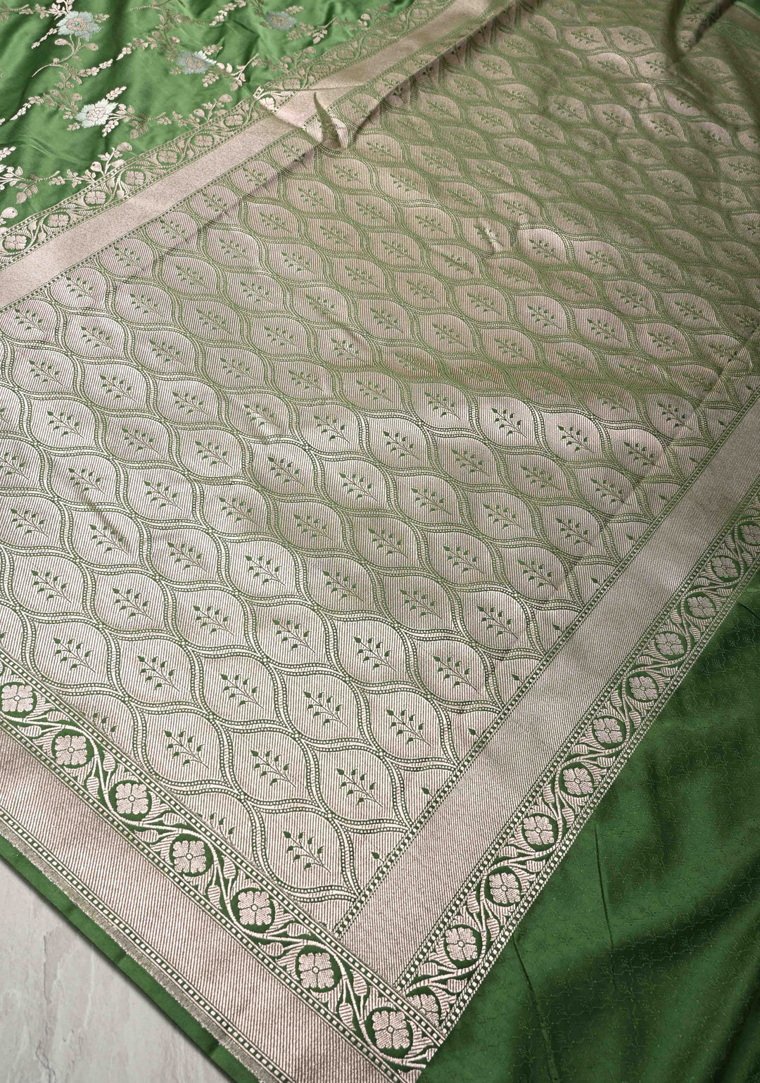 Sap Green Banarasi Semi Mashru Silk Saree with Floral Jaal and Zari Border
