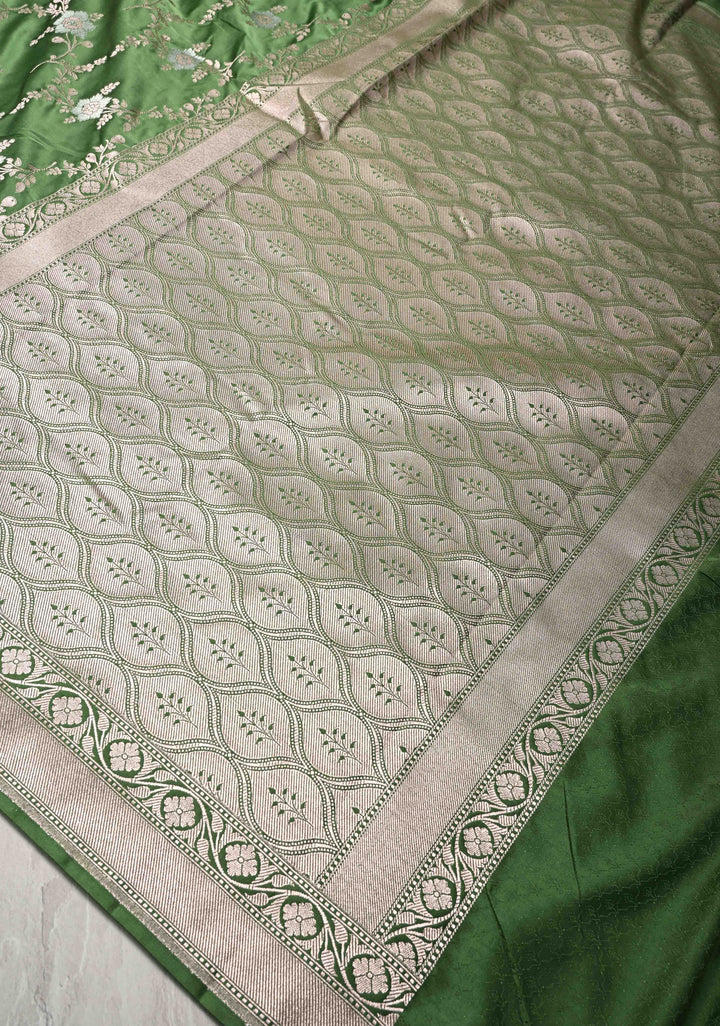 Sap Green Banarasi Semi Mashru Silk Saree with Floral Jaal and Zari Border
