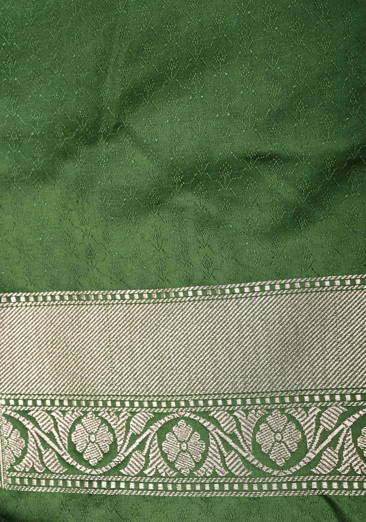 Sap Green Banarasi Semi Mashru Silk Saree with Floral Jaal and Zari Border