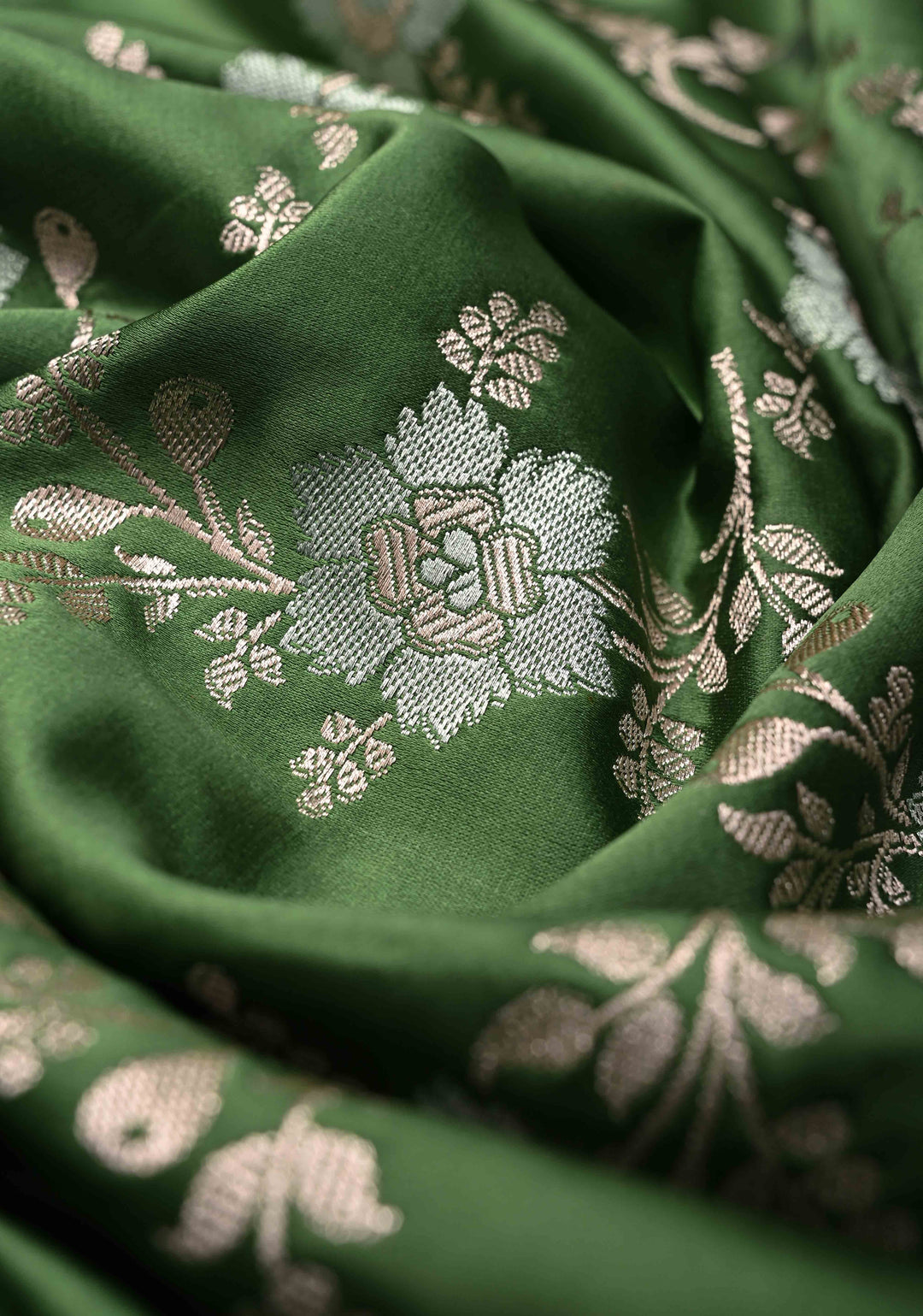 Sap Green Banarasi Semi Mashru Silk Saree with Floral Jaal and Zari Border