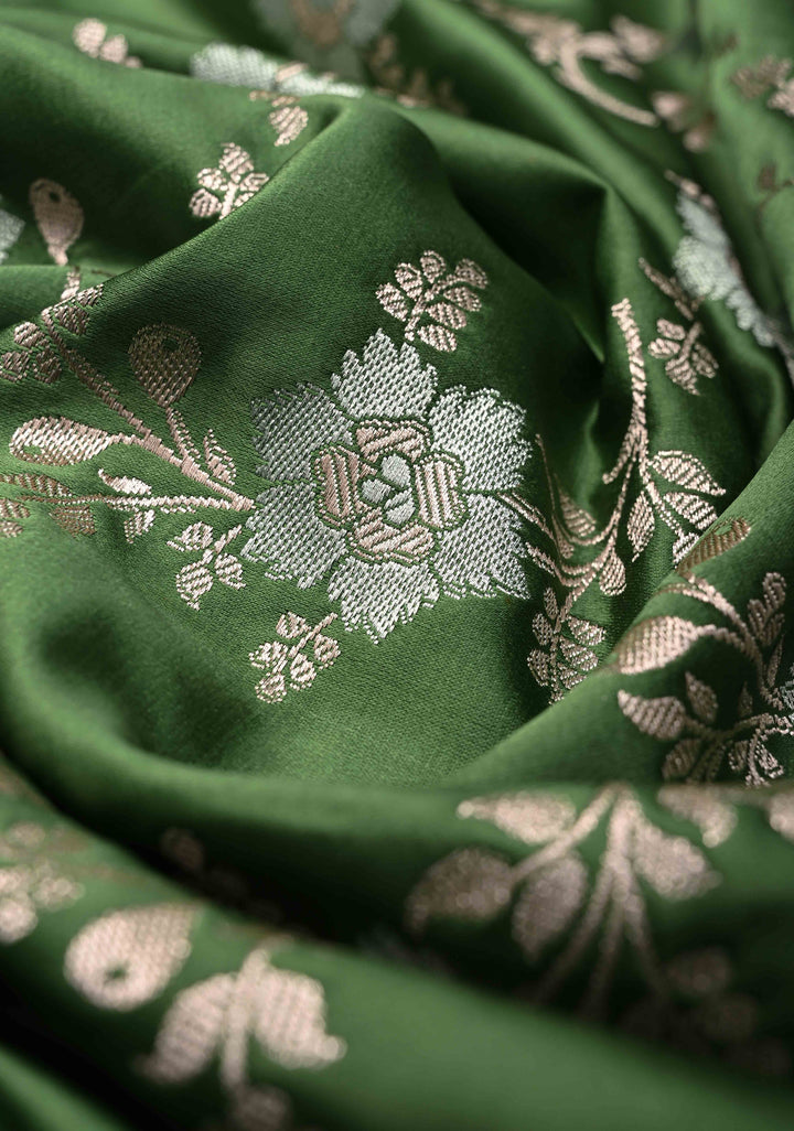 Sap Green Banarasi Semi Mashru Silk Saree with Floral Jaal and Zari Border