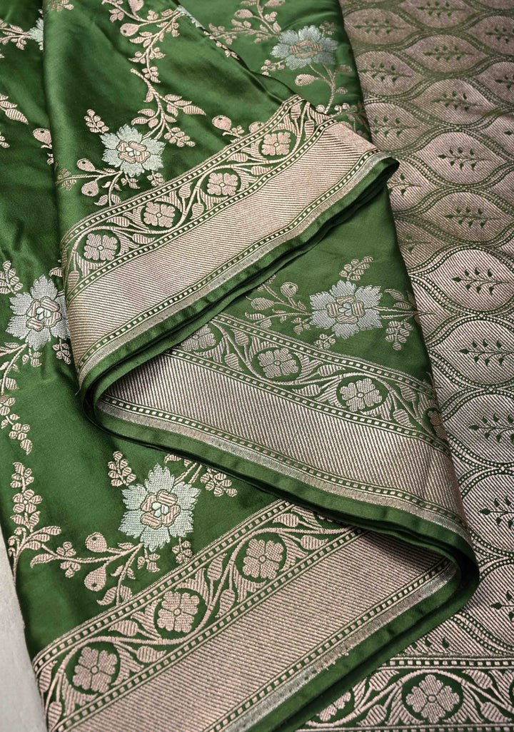 Sap Green Banarasi Semi Mashru Silk Saree with Floral Jaal and Zari Border