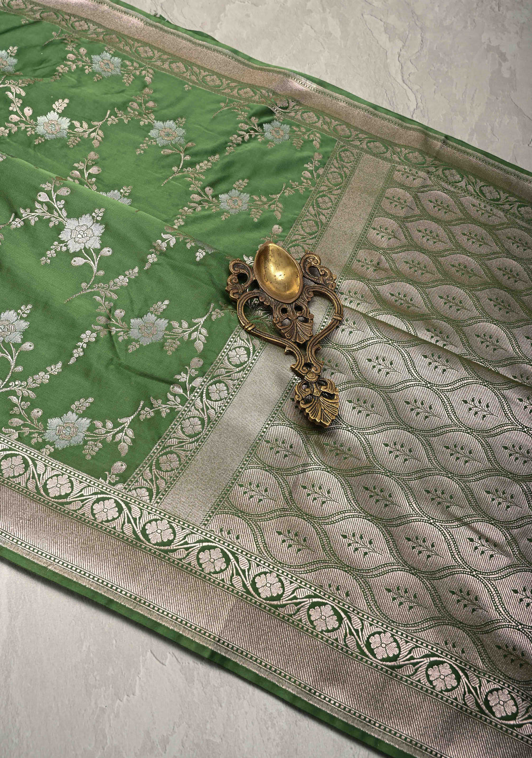 Sap Green Banarasi Semi Mashru Silk Saree with Floral Jaal and Zari Border