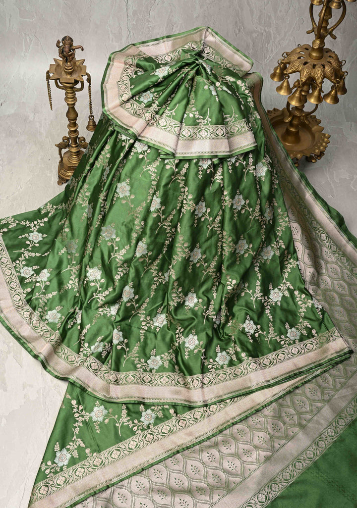 Sap Green Banarasi Semi Mashru Silk Saree with Floral Jaal and Zari Border