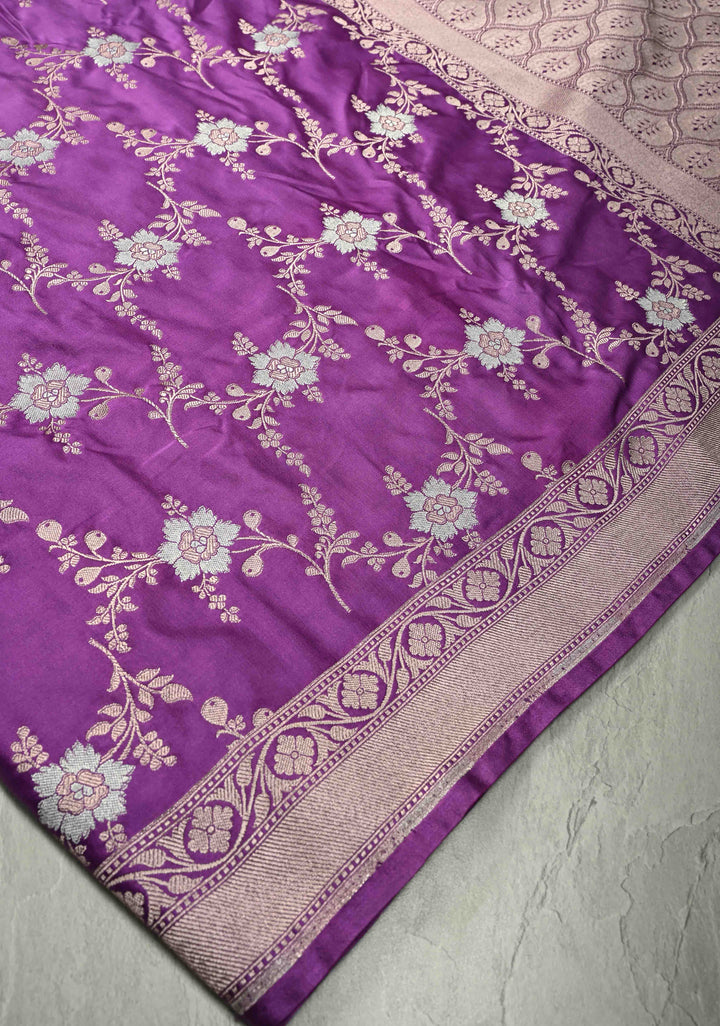Purple Banarasi Semi Mashru Silk Saree with alfi Floral Jaal and Zari Border