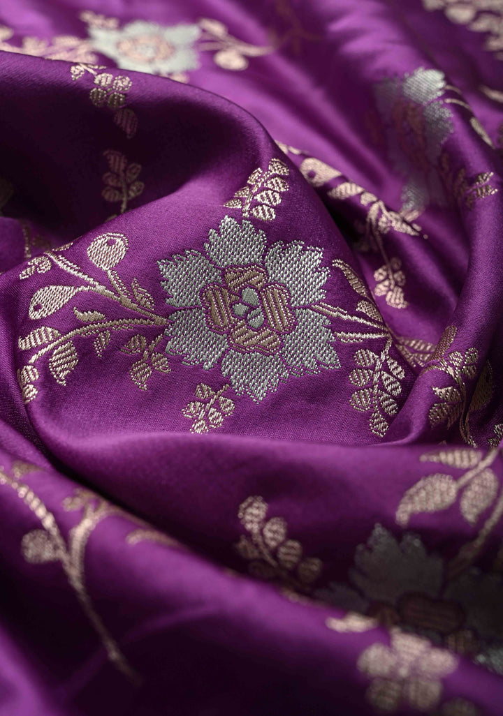 Purple Banarasi Semi Mashru Silk Saree with alfi Floral Jaal and Zari Border