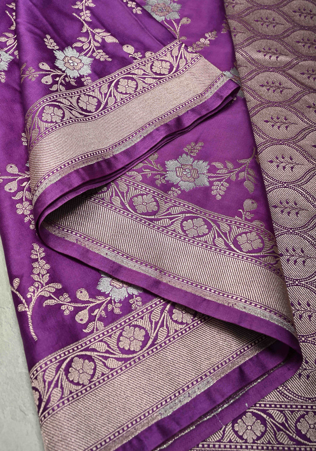Purple Banarasi Semi Mashru Silk Saree with alfi Floral Jaal and Zari Border