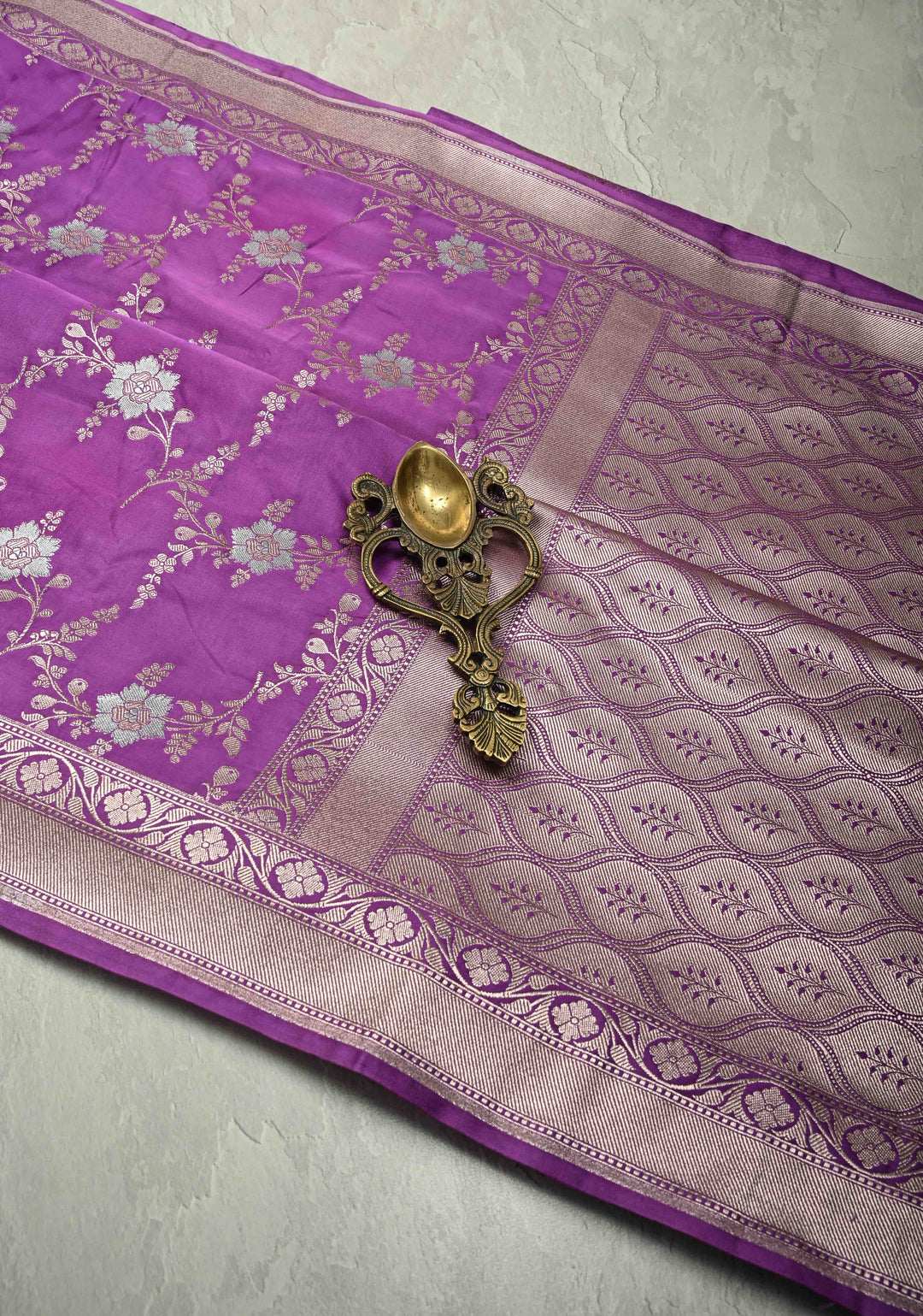 Purple Banarasi Semi Mashru Silk Saree with alfi Floral Jaal and Zari Border